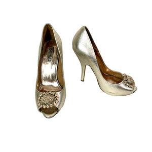 Badgley Mischka Gold Leather Peep Toe Rhinestone Stiletto Heels Sz 8.5